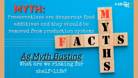 Agriculture Myth Busting: Preservatives on a blue background with scrabble tiles of "Myth" and "Facts" sharing the T. Words reading: "Myth: preservatives are dangerous food additives and should be removed from food systems