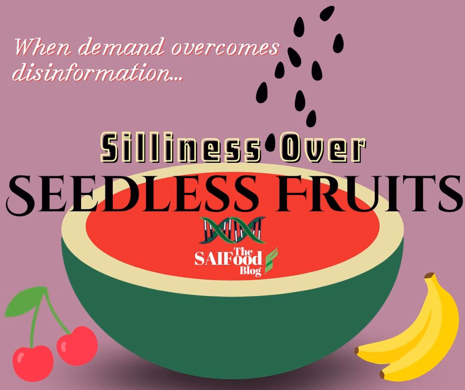 Over a seedless watermelon icon: "Silliness over Seedless Fruits" and the byline "when demand overcomes disinformation..." Seeds rain down over the title, and icons of cherries and bananas sit in the bottom corners of the design
